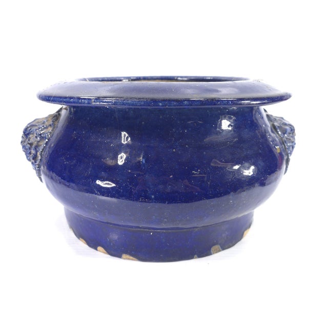 Asian Signed Cobalt Blue Ceramic Bowl Pot Planter Lion Heads For Sale - Image 4 of 9