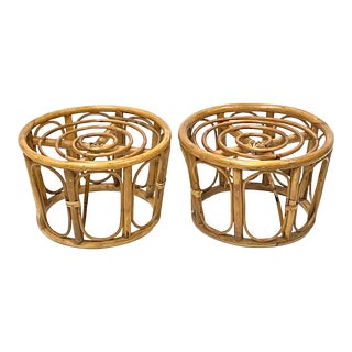 Vintage Natural Rattan Bamboo Stools - a Pair For Sale