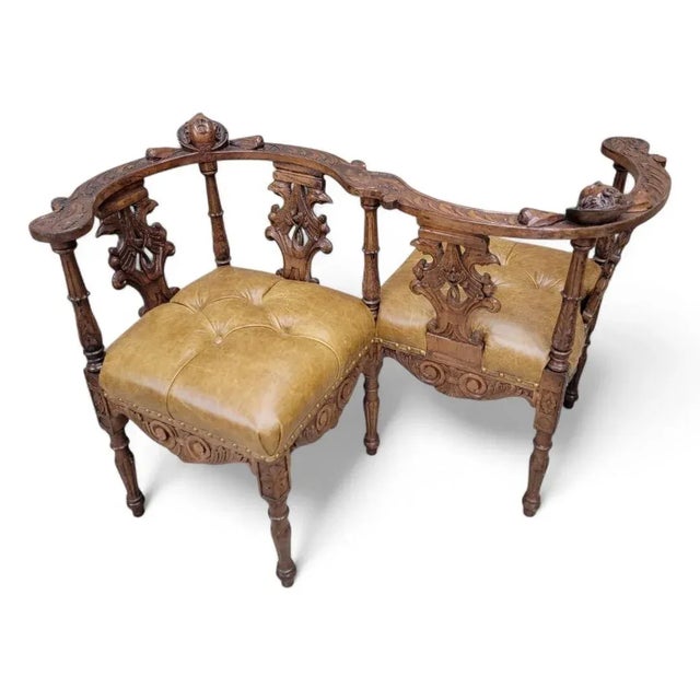 Antique Italian Renaissance Revival Carved Tufted Tete-a-Tete Settee Newly Reupholstered in Leather For Sale In Chicago - Image 6 of 10