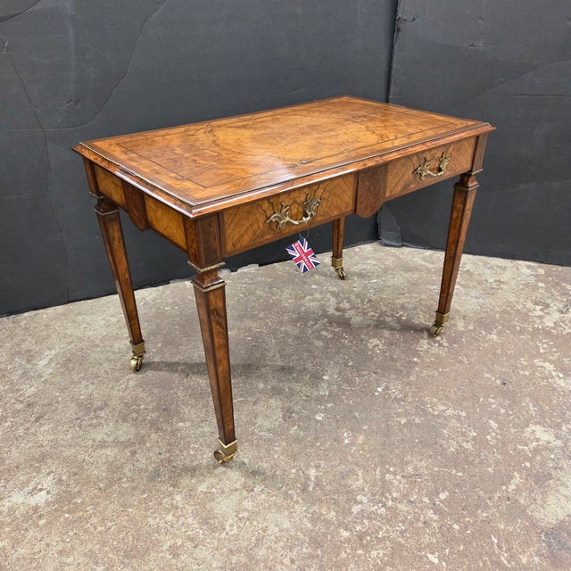 Mid 19th Century Regency Walnut & Rosewood Inlaid Table W/2 Drawers, Brass Beading, Ornate Handles, on Square Tapered Legs on Brass Casters For Sale - Image 15 of 15