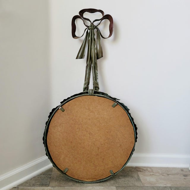 Regency LaBarge Italian Patinated Tole Wreath Bow Metal Wall Mirror For Sale - Image 12 of 14
