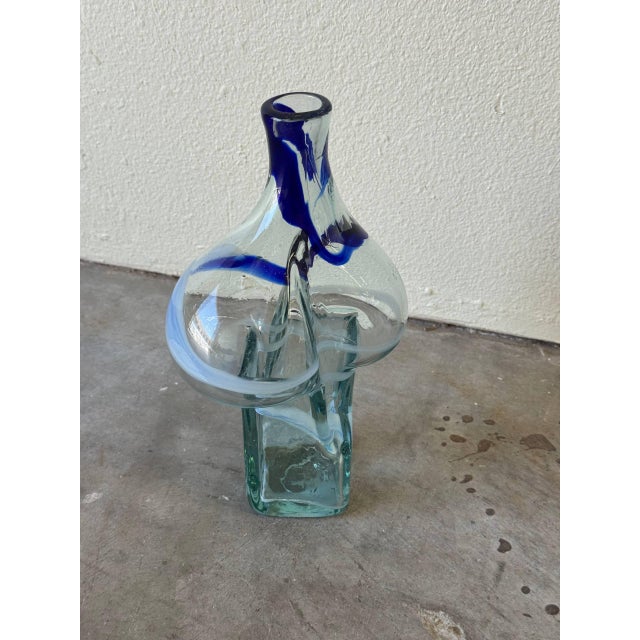 Glass Mid-Century Art Glass Vase With Blue & White Swirls — Hand-Blown Sculptural Form 1960s For Sale - Image 7 of 8