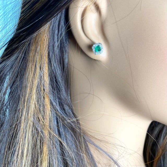 Emerald Shaped Emerald Diamond 1.20 Carat Halo 14 Karat White Gold 0.32 Inch Earrings - 2 Pieces For Sale In New York - Image 6 of 10