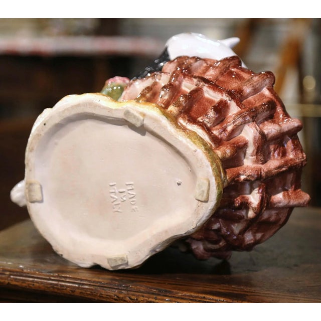 Mid-Century Italian Majolica Swan Cachepot Planter With Barbotine Decor For Sale - Image 9 of 10