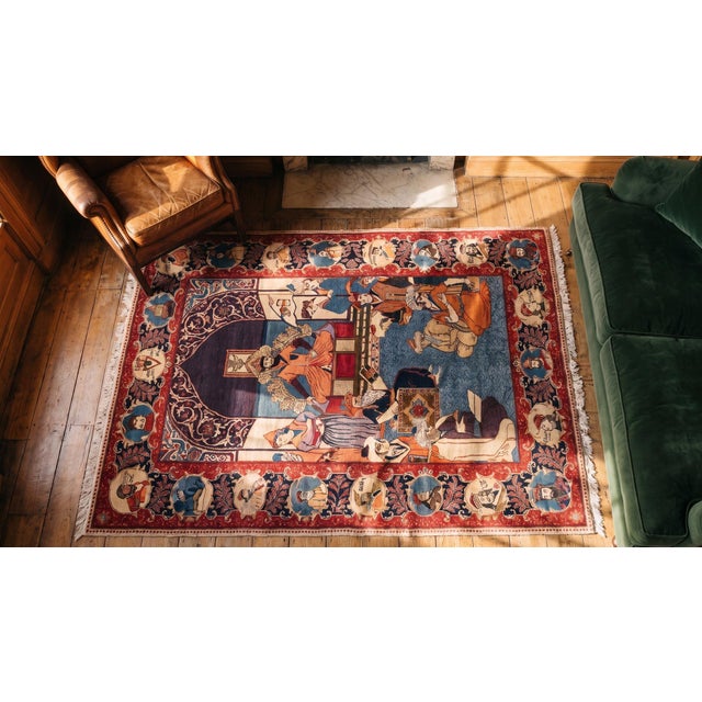 Textile 1940s Colorful Antique Persian Pictorial Kashan "Mashahir" Carpet 4'4" X 7 Handknotted Wool Rug For Sale - Image 7 of 9