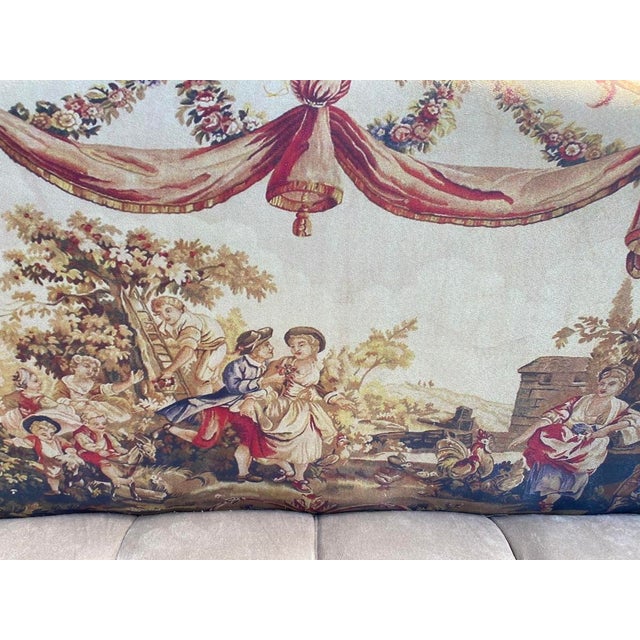 Vintage French Louis XVI Style Settee, Hand-Carved Gold Frame, Tufted Beige Velvet, Tapestry Backrest For Sale - Image 11 of 12
