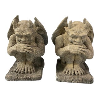 Pair of Vintage Cast Stone Winged Gargoyle Statues For Sale