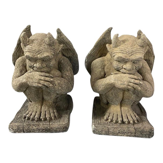 Pair of Vintage Cast Stone Winged Gargoyle Statues For Sale
