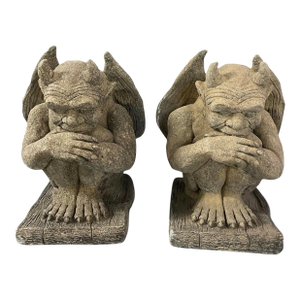 Pair of Vintage Cast Stone Winged Gargoyle Statues