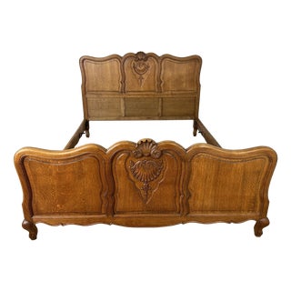 Vintage Louis XVI French Oak Double Bed Frame with Carved Headboard For Sale