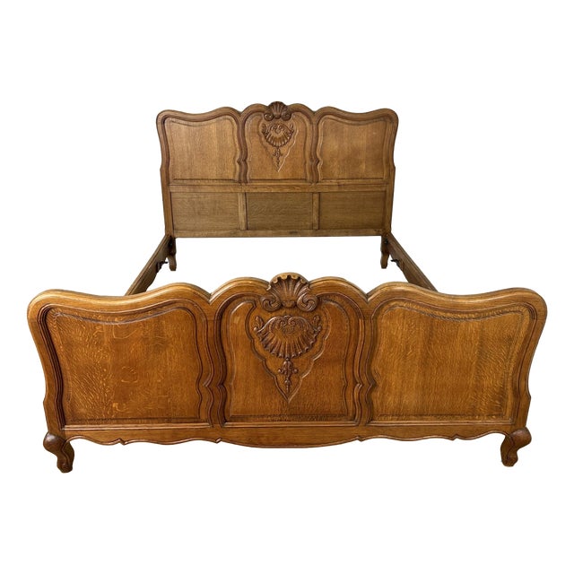 Vintage Louis XVI French Oak Double Bed Frame with Carved Headboard For Sale