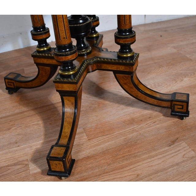 19th Antique Victorian Oval Center Table With Burl Wood Walnut Top & Ebonized Accents For Sale - Image 10 of 16