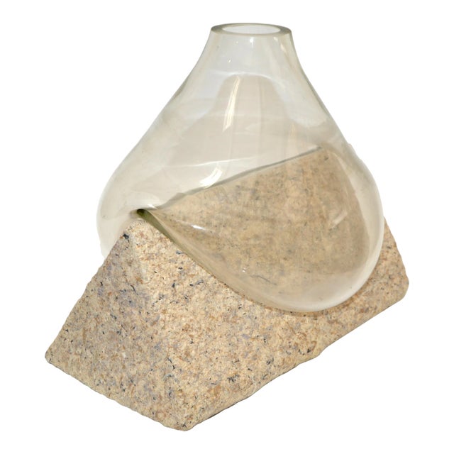 Mid-Century Modern 2 Piece Sculptural Blown Glass Vase Form Fit Triangle Stone For Sale