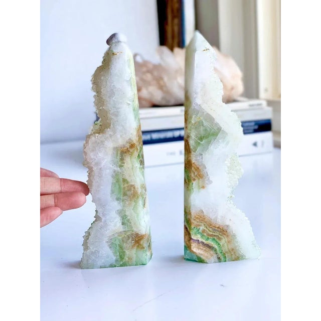 Glass Mint Fluorite Crystal Tower Slabs Bookends - a Pair Display Piece Collector Piece Statement Piece Natural Crystal Mineral For Sale - Image 7 of 8