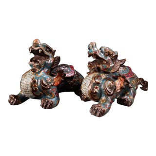 Pair of Vintage Cloisonne Enamel Guardian Lions – 5.9" Foo Dog Figures For Sale