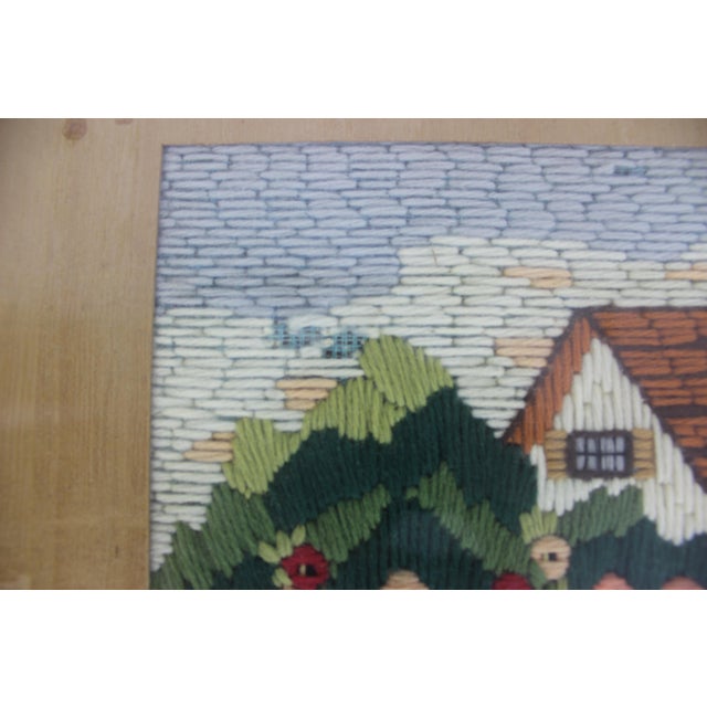 Vintage Framed Crewel Embroidery Art Cottage and Flowers For Sale - Image 6 of 11