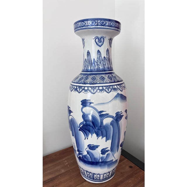 Vintage Hand-Painted Chinoiserie Floor Vase With Blue & White Floral and Avian Motif For Sale - Image 4 of 12