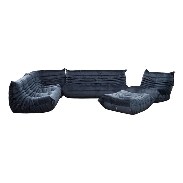 Togo Sofa in Blue Velvet by Michel Ducaroy for Ligne Roset, Set of 5 For Sale