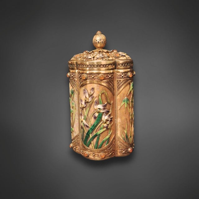 Chinese tea caddy made of silver with fine gilding, stamped SILVER, filigree work made of fine silver threads, ornamental...