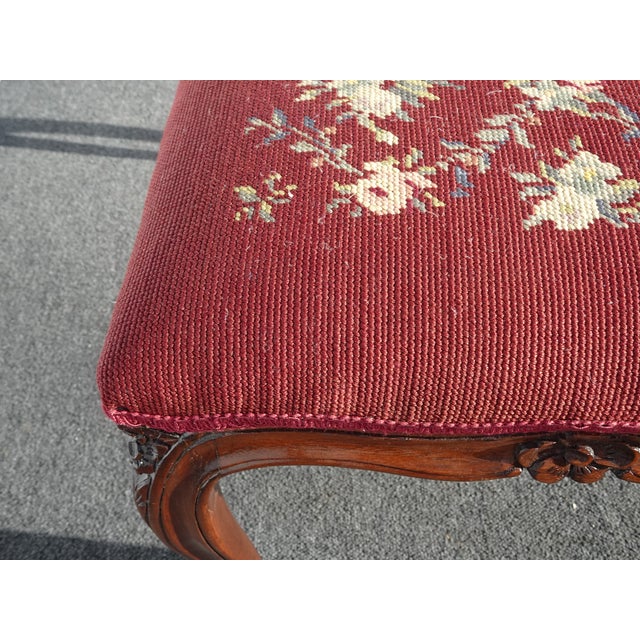 Wood Vintage French Provincial Burgundy Needlepoint Tapestry Bench W Floral Design For Sale - Image 7 of 13