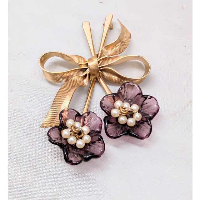 1950s Vintage 1950s Signed Napier Purple Glass & Faux-Pearls Floral Spray Brooch For Sale - Image 5 of 7