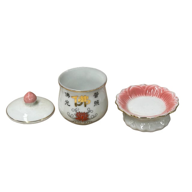 Asian White Base Oriental Lotus Base " Buddha" Shrine Offering Porcelain Cup For Sale - Image 3 of 7