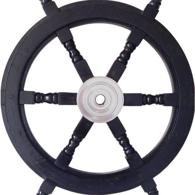 Early 19th Century Vintage Nautical Handcrafted 24 Inch Black Wooden Ship Wheel, Home Wall Décor For Sale - Image 5 of 6
