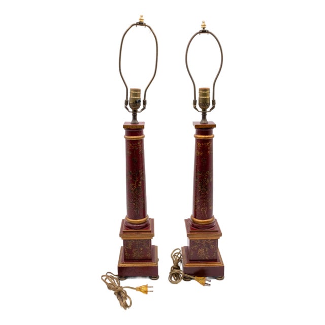 Pair of 1980s Chinoiserie Burgundy & Gold Table Lamps For Sale