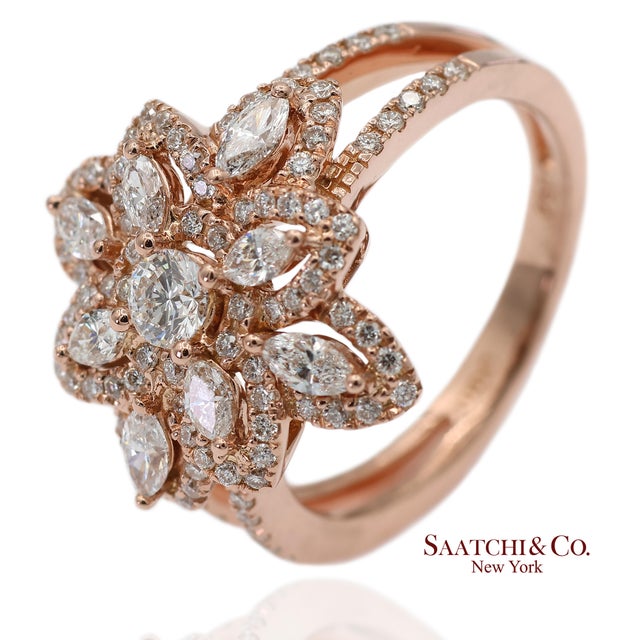 Gold 18k 750 Solid Rose Gold Floral Natural Diamond Ring, Size 7 For Sale - Image 8 of 13