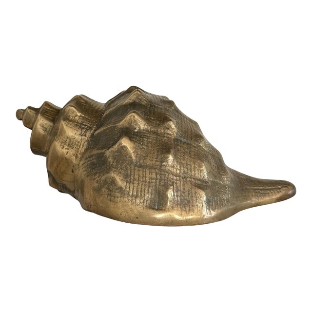 Vintage Solid Brass Seashell Sculpture — Large Coastal Modern Decorative Object For Sale