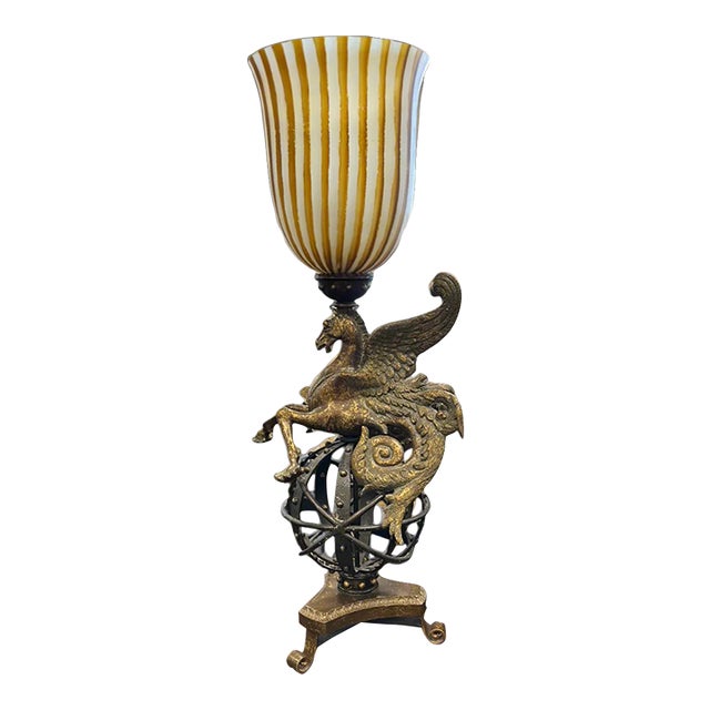 Mythical Pegasus Table Lamp With Striped Glass Shade For Sale