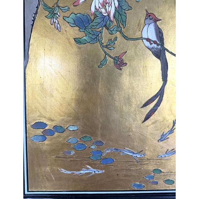 Early 20th Century Gold Painted Chinese Wood Carved Relief Panel Bird Koi and Floral Motif For Sale - Image 6 of 14