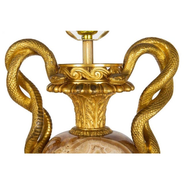 Pair of French Louis XVI Gilt Bronze Lamps With Snake Handles Circa 1870 For Sale - Image 6 of 12