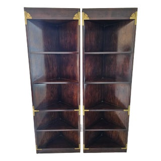 Pair Bernhardt Asian Campaign Style Fruitwood Corner Etageres Bookcases For Sale