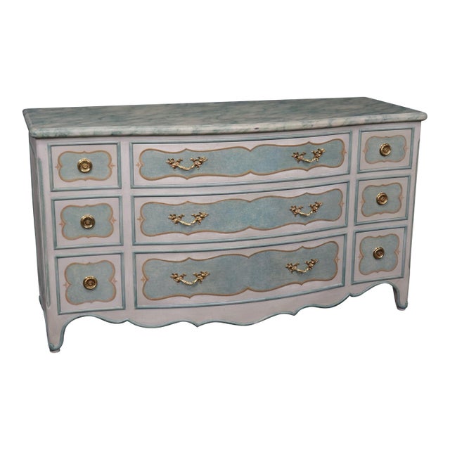 Superb Paint Decorated Baker Attributed French Faux Painted Marble Dresser For Sale