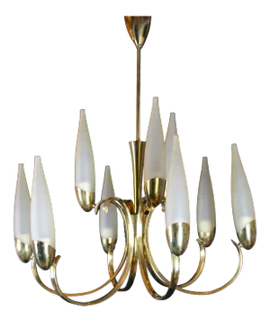 Angelo Lelli for Arredoluce, Brass Chandelier, Nine Lights, Mid-Century Italy