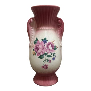 Royal Copley Cranberry Pink Red Rose 7" Vase Double Handle 1940s Art Pottery For Sale