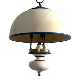 Vintage Feldman Blue White Tole Domed Shade Porcelain Base Ceiling Fixture For Sale