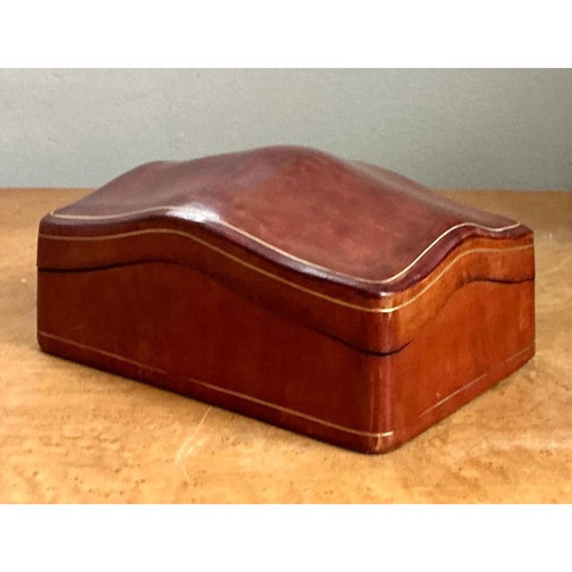 Chestnut Vintage Italian Leather Wave-Top Decorative Box For Sale - Image 8 of 12