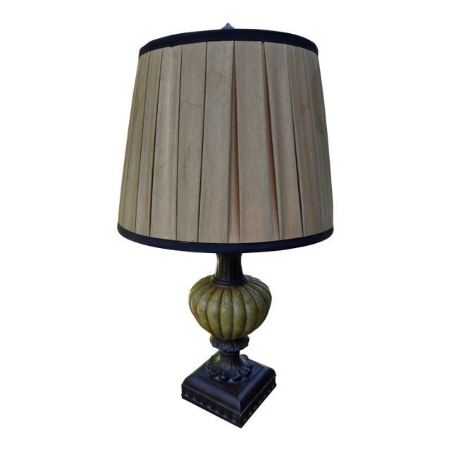 Vintage Neoclassical Table Lamp With Pleated Linen Shade & Antiqued Bronze Finish For Sale