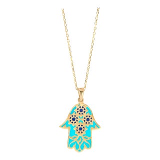 Floral Hamsa Hand Pendant Turquoise & Gold Necklace For Sale