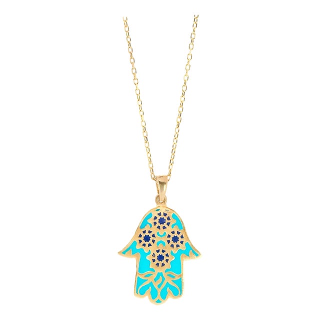 Floral Hamsa Hand Pendant Turquoise & Gold Necklace For Sale