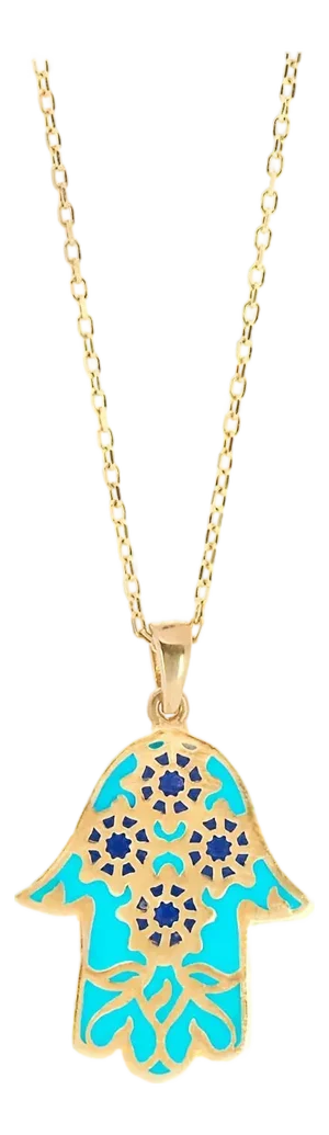 Floral Hamsa Hand Pendant Turquoise & Gold Necklace