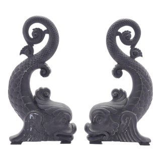Pair of Bradley & Hubbard Cast Iron Dolphin Form Andirons, C. 1900 For Sale