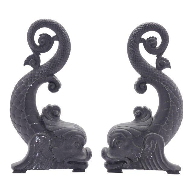 Pair of Bradley & Hubbard Cast Iron Dolphin Form Andirons, C. 1900 For Sale