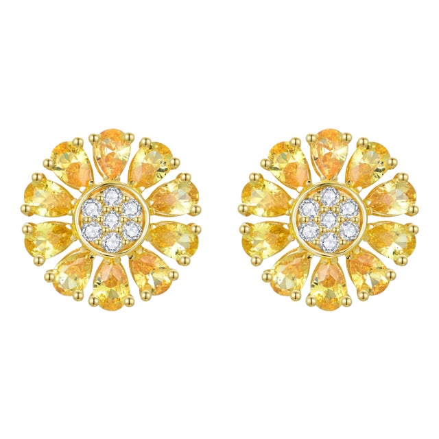 Nina Zhou Daisy Yellow Sapphire Diamond Birth Flower Earrings in 14k Gold For Sale