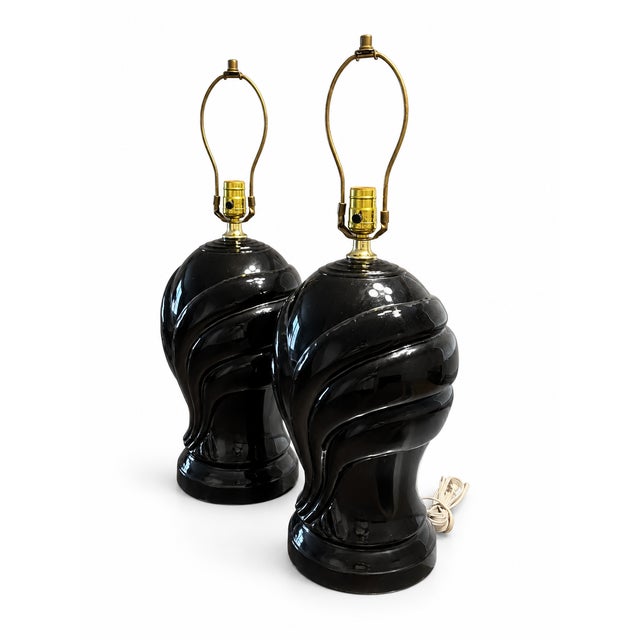 Black Vintage 1980s Postmodern Black Glazed Ceramic Table Lamps — Pair For Sale - Image 8 of 9