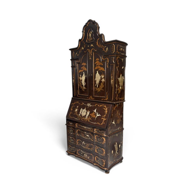Bookcase with Secretaire in Dark Brown Chinoiserie Lacquer For Sale - Image 5 of 18