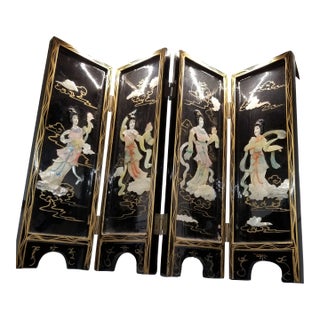 Vintage Four Panel Mother of Pearl Coromandel Lacquered Hand Painted TableTop Divider For Sale