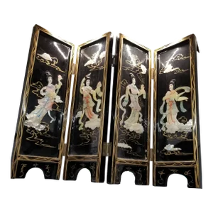 Vintage Four Panel Mother of Pearl Coromandel Lacquered Hand Painted TableTop Divider